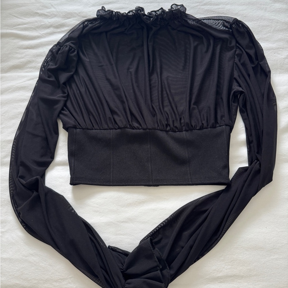 Black Mesh Bustier Ruffled Blouse - Picture 4 of 6